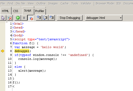 Internet Explorer - JS debugger